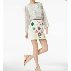 CYNTHIA ROWLEY IVORY FLORAL PRINT A LINE CASUAL CLASSIC TEXTURED SKIRT SZ: 0 NWT